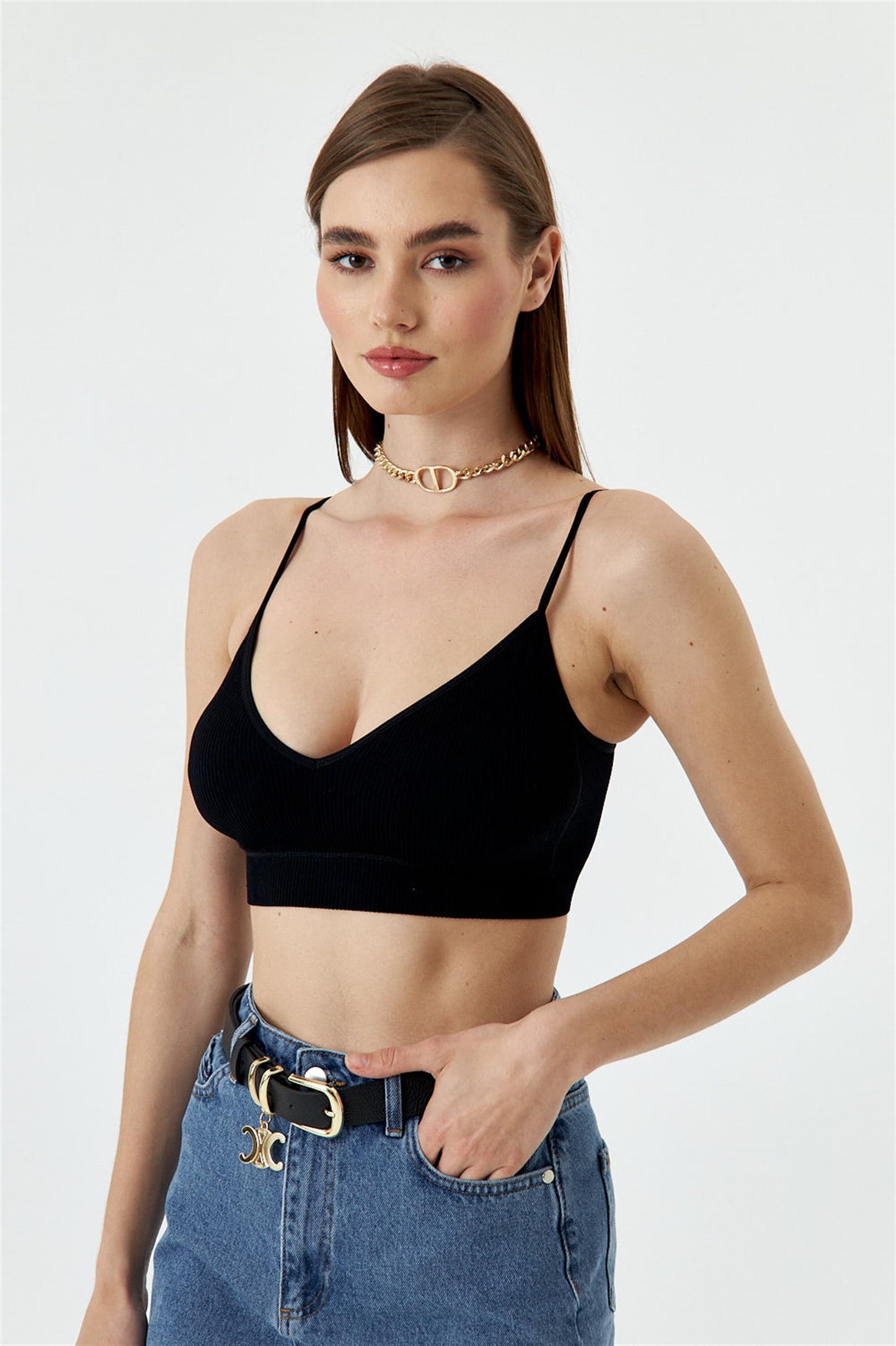 İnce Askılı Destekli Spor Büstiyer - Siyah