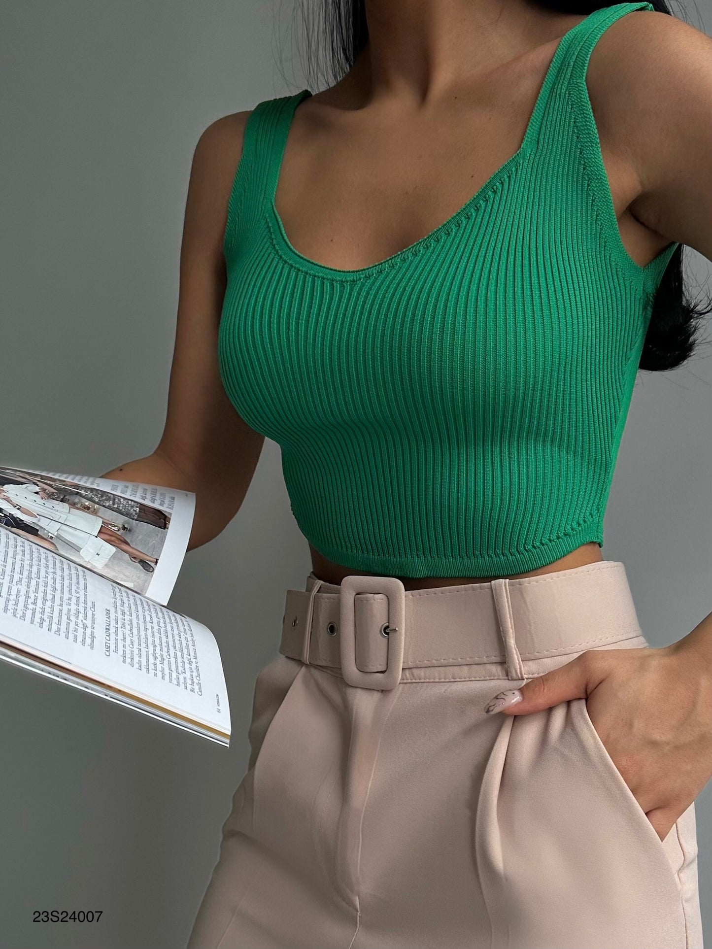 Kare Yaka Crop Bluz - Yeşil