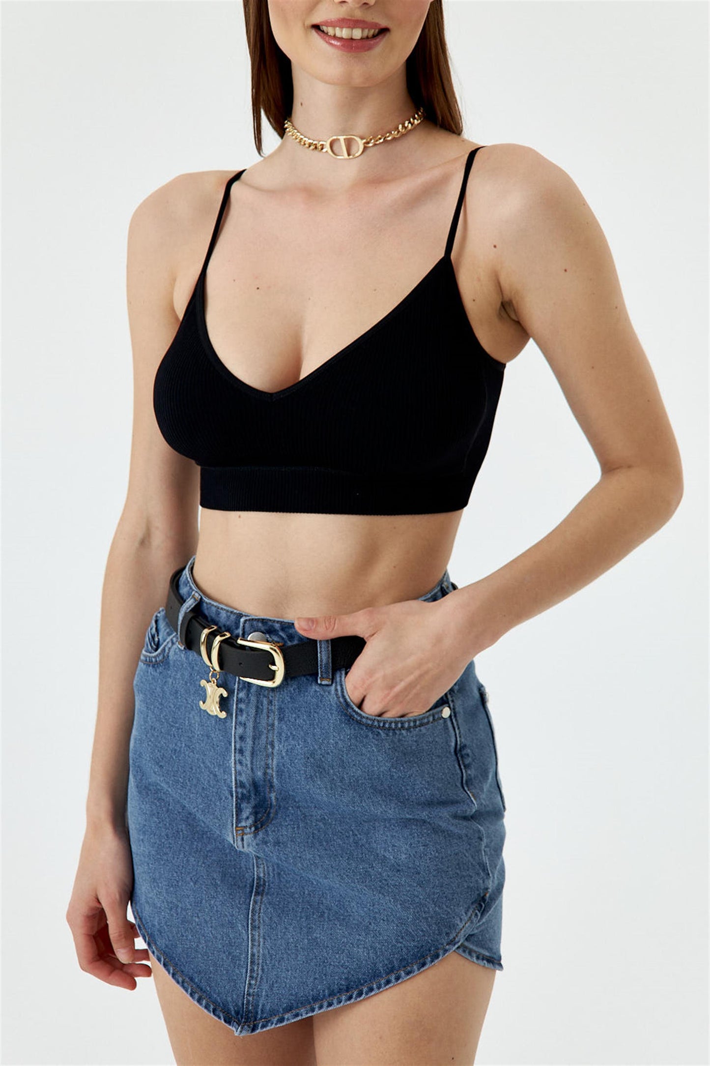 İnce Askılı Destekli Spor Büstiyer - Siyah